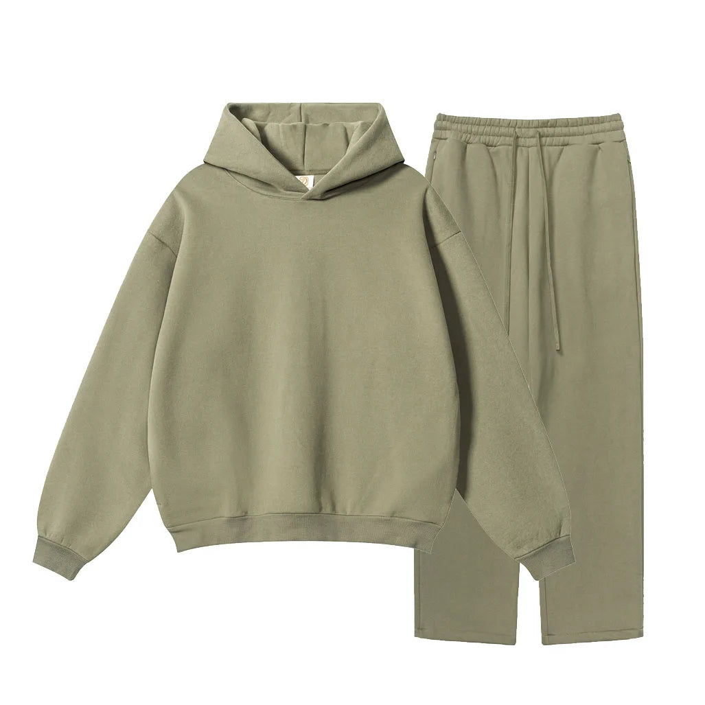 Wholesale 350 Grams Thermal Fleece Hoodie and Sweatpants Sets Custom Men's Streetwear No String Hoodie Set