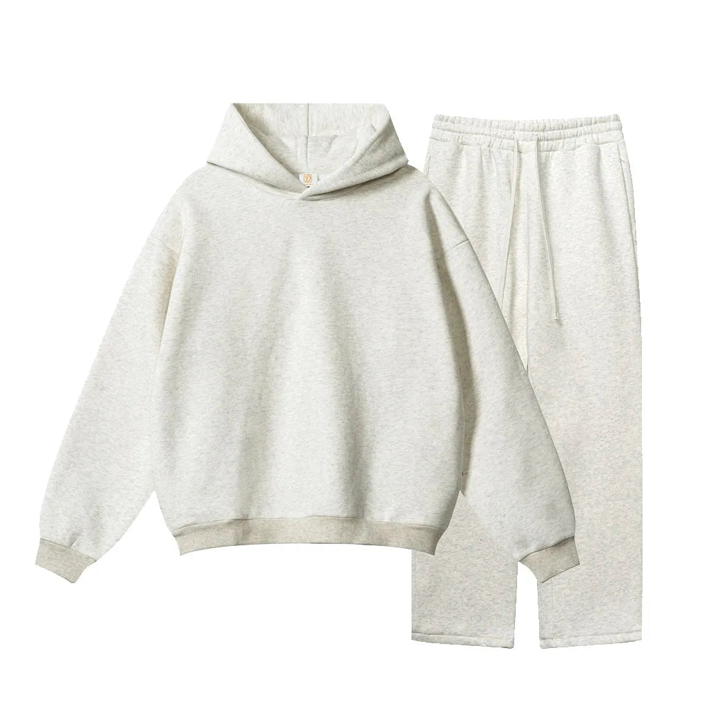 Wholesale 350 Grams Thermal Fleece Hoodie and Sweatpants Sets Custom Men's Streetwear No String Hoodie Set